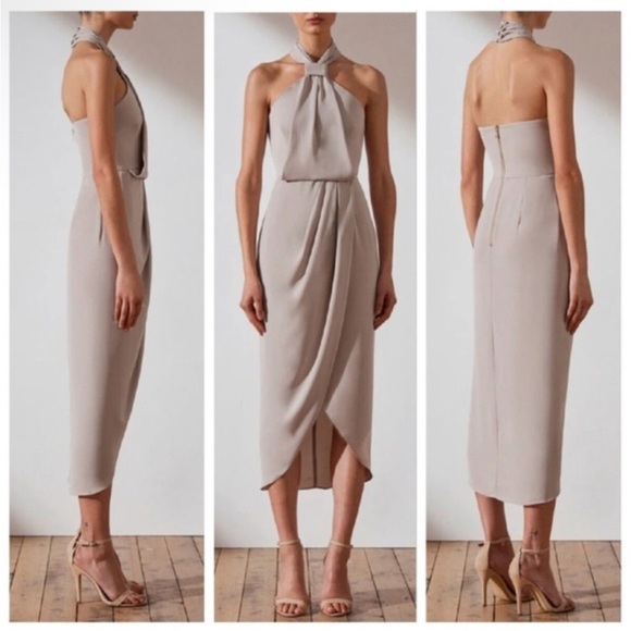 Shona Joy Dresses & Skirts - Shona Joy Midi Dress Core Knot Draped Halter Dress Oyster Drape size 8 fits 6